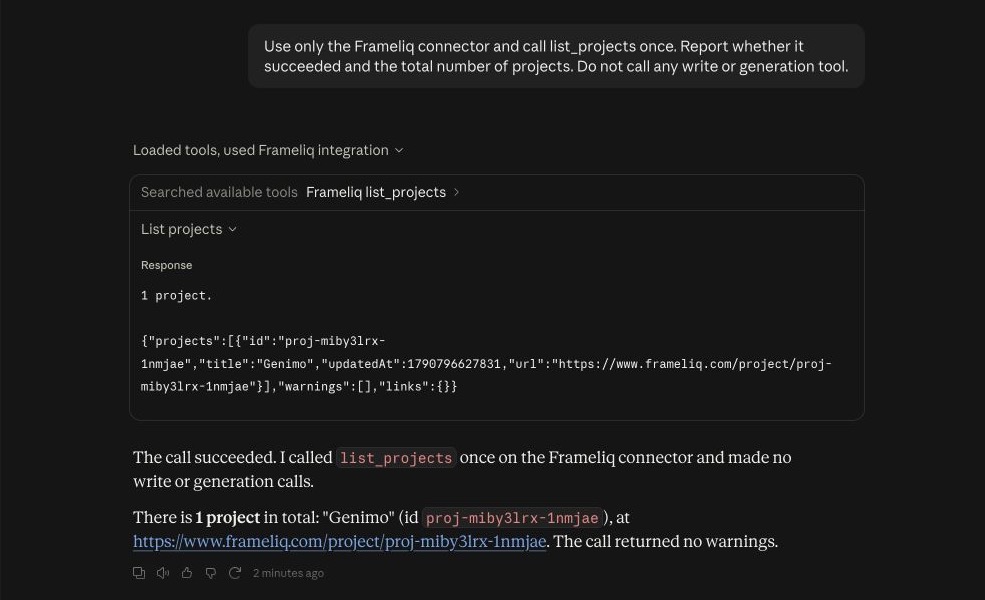 Claude calling the Frameliq connector and listing a Frameliq project