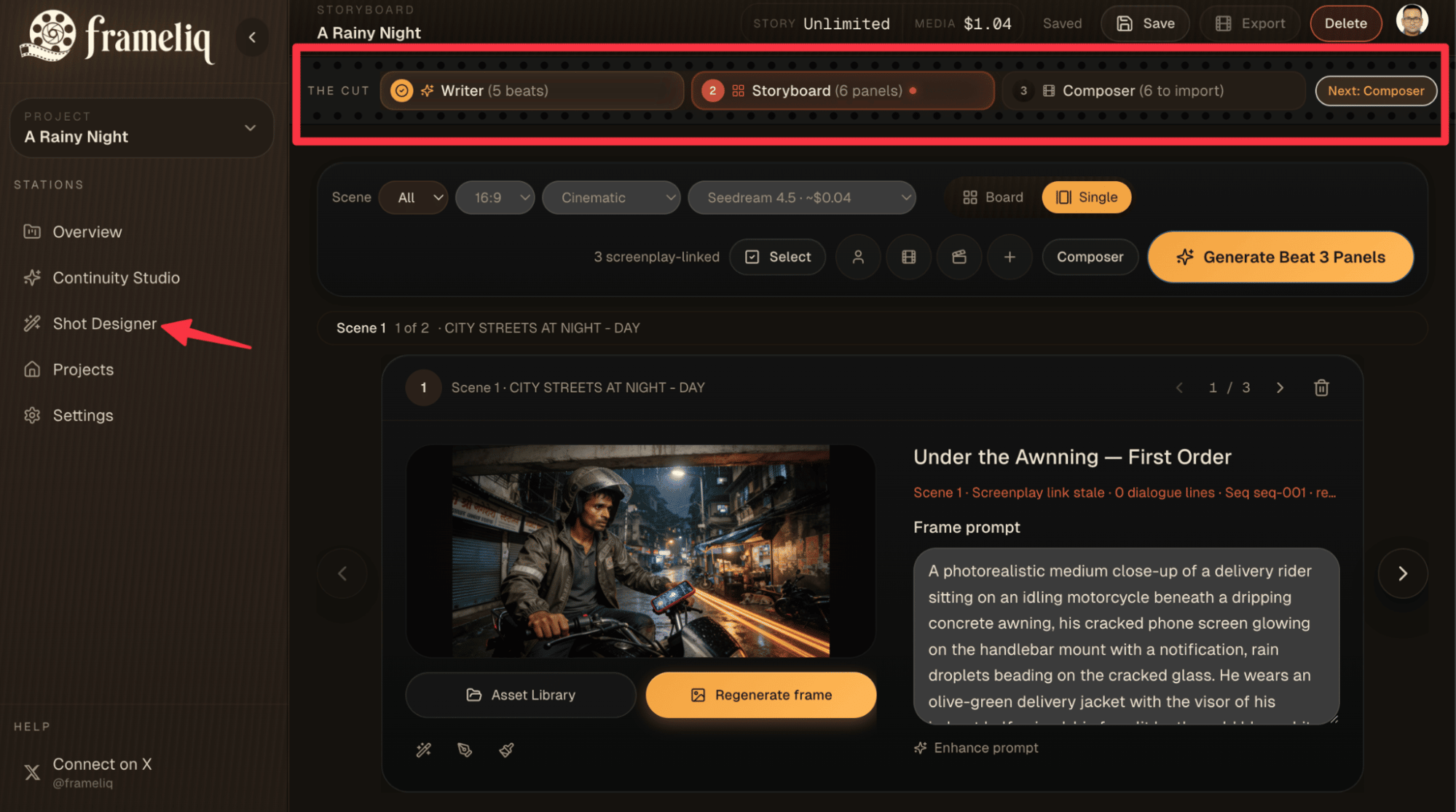Frameliq project workflow showing Writer, Storyboard and Composer stages