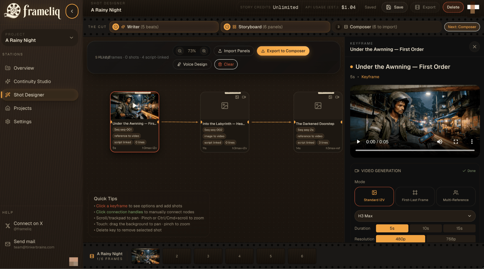 Frameliq Shot Designer canvas with connected keyframes and Export to Composer button