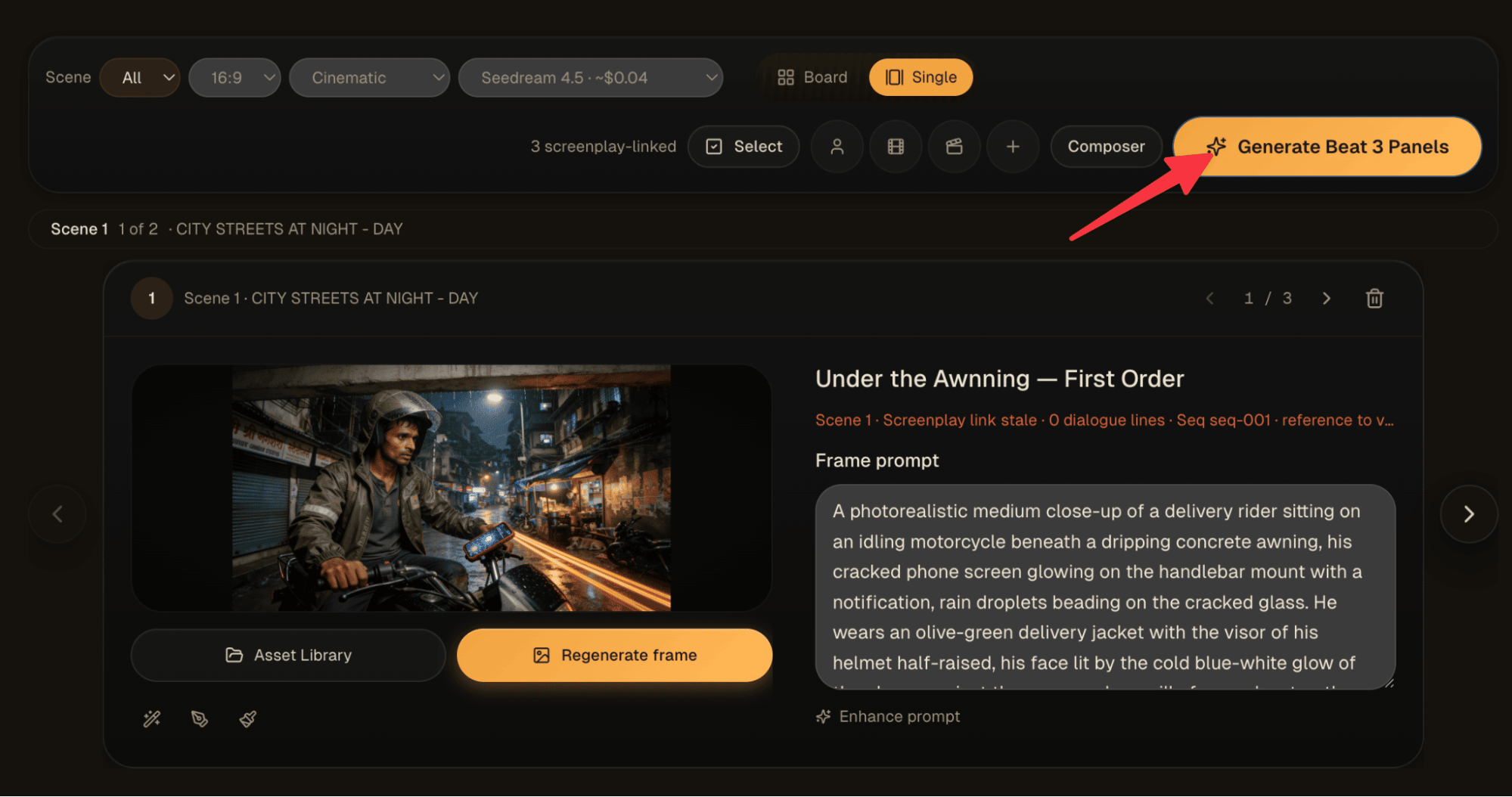 Frameliq Storyboard button for generating panels for one story beat
