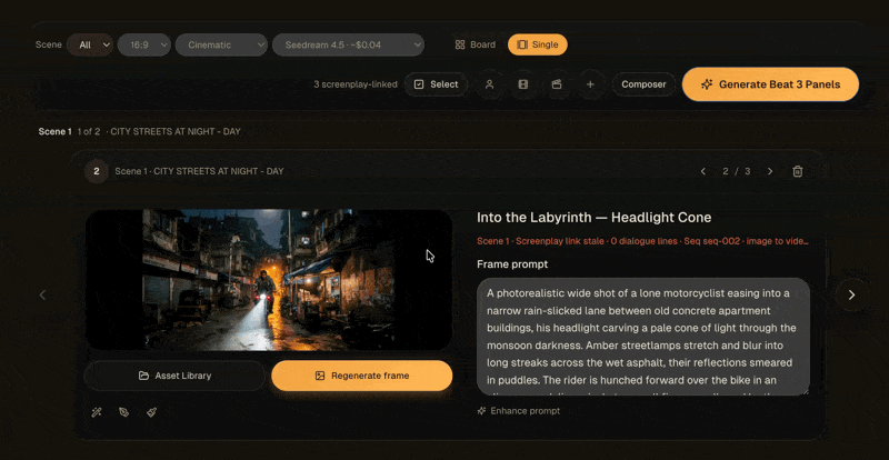 Animated Frameliq Storyboard tutorial selecting panels and generating images in a batch