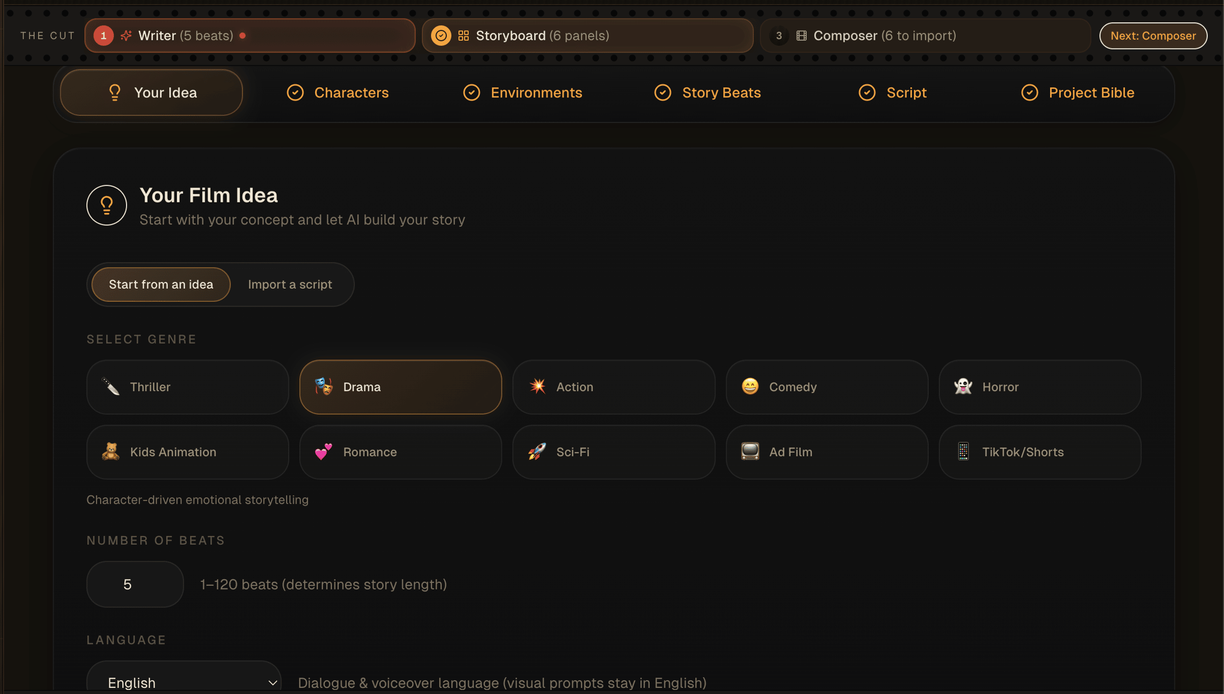 Frameliq Writer screen for selecting genre, beat count, language and story idea