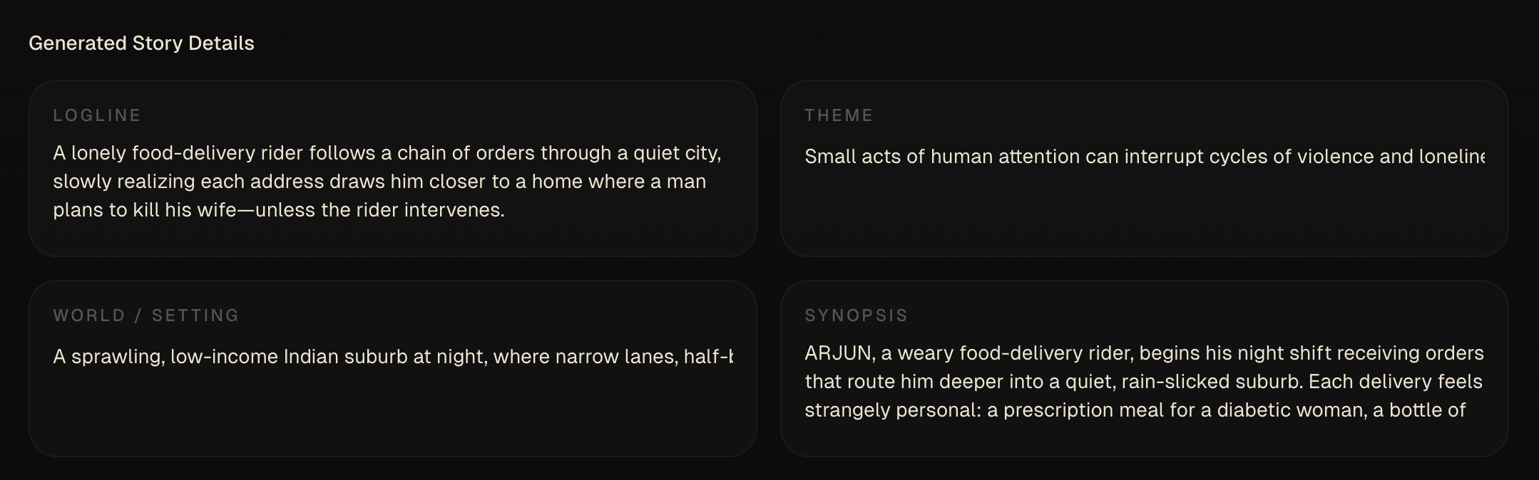Generated Frameliq story foundation with logline, theme, world and synopsis fields