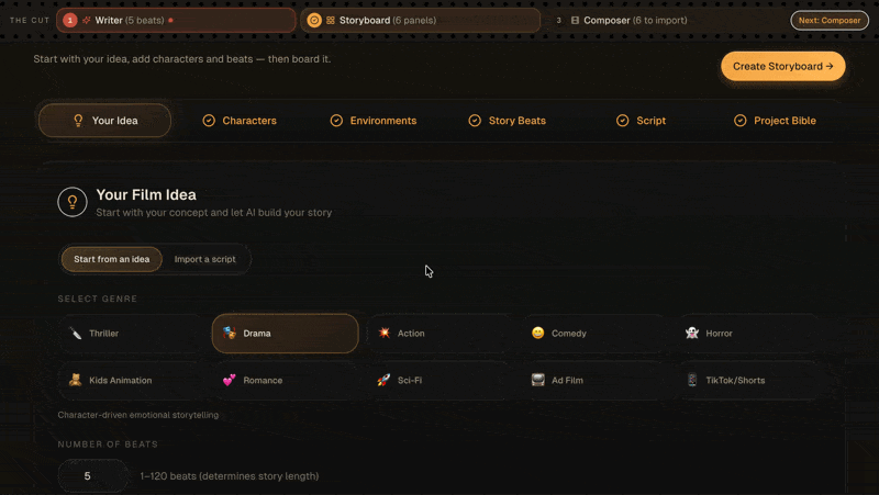 Animated Frameliq Writer tutorial moving through characters, environments and story beats