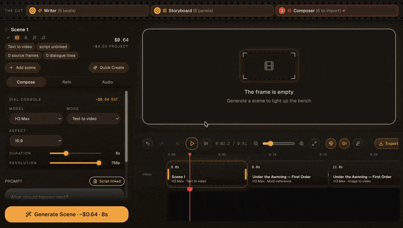 Animated Frameliq Composer tutorial configuring video model, mode and references